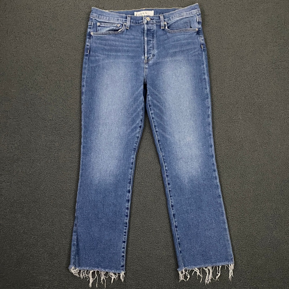 Frank & Eileen Cork Jeans Women 32 Blue Raw Hem Stretch High Rise Straight
